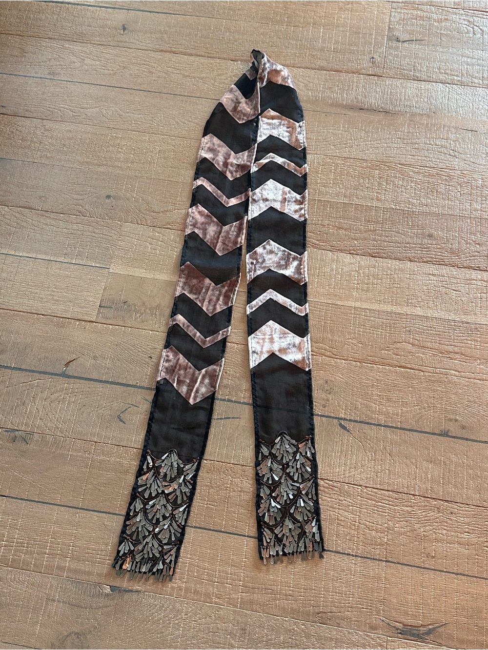 Chevron Velvet Scarf with Sequin Fringe - Black & Brown